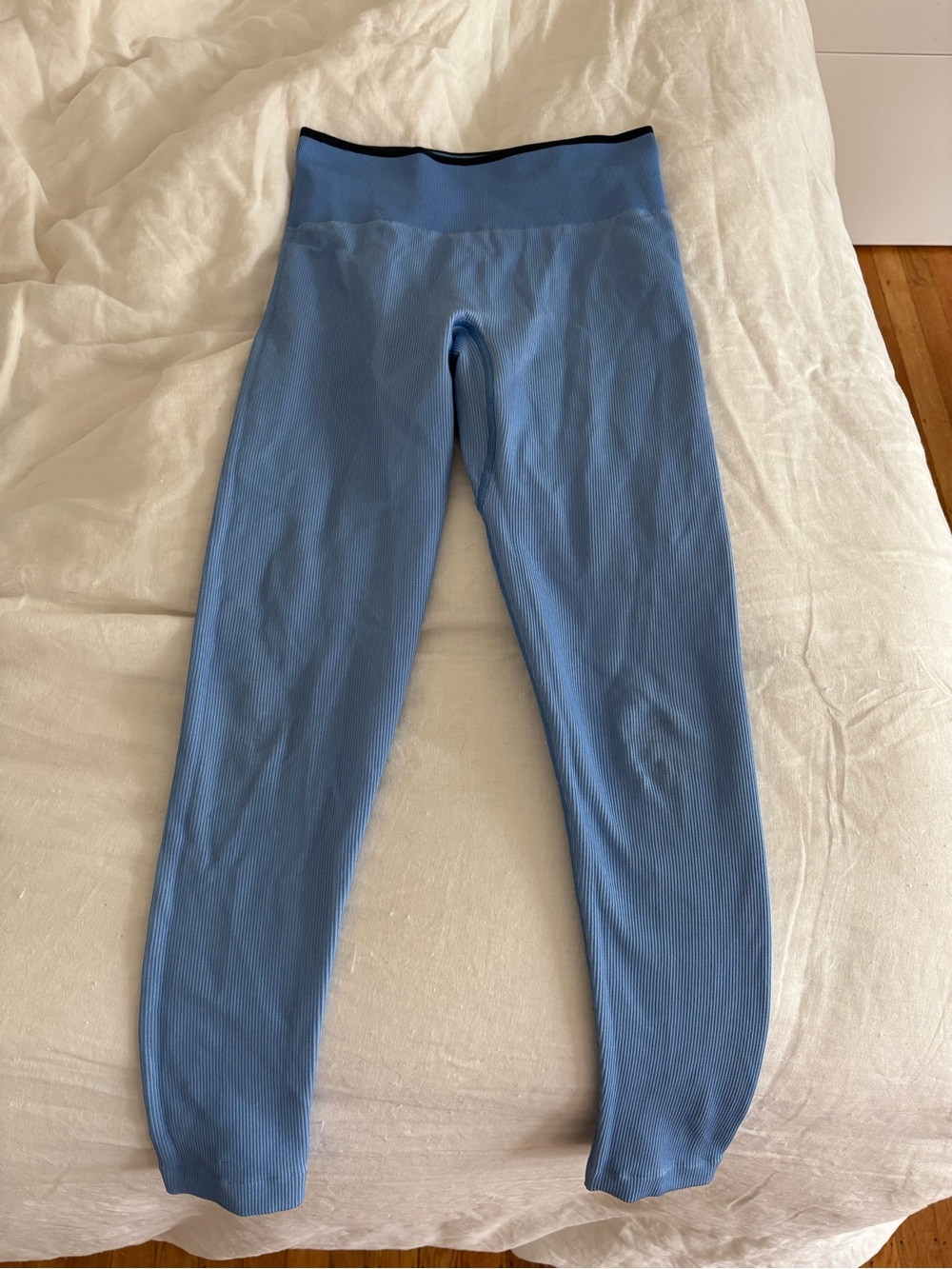 Outdoor Voices Blue Ribbed Leggings with Black Waistband
